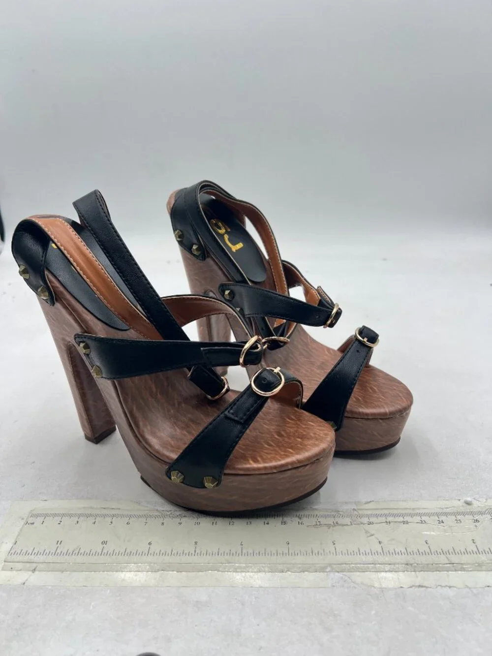 FSJ Black Open Toe Triple Buckle Straps Clog Heels Studded Platform Sandals